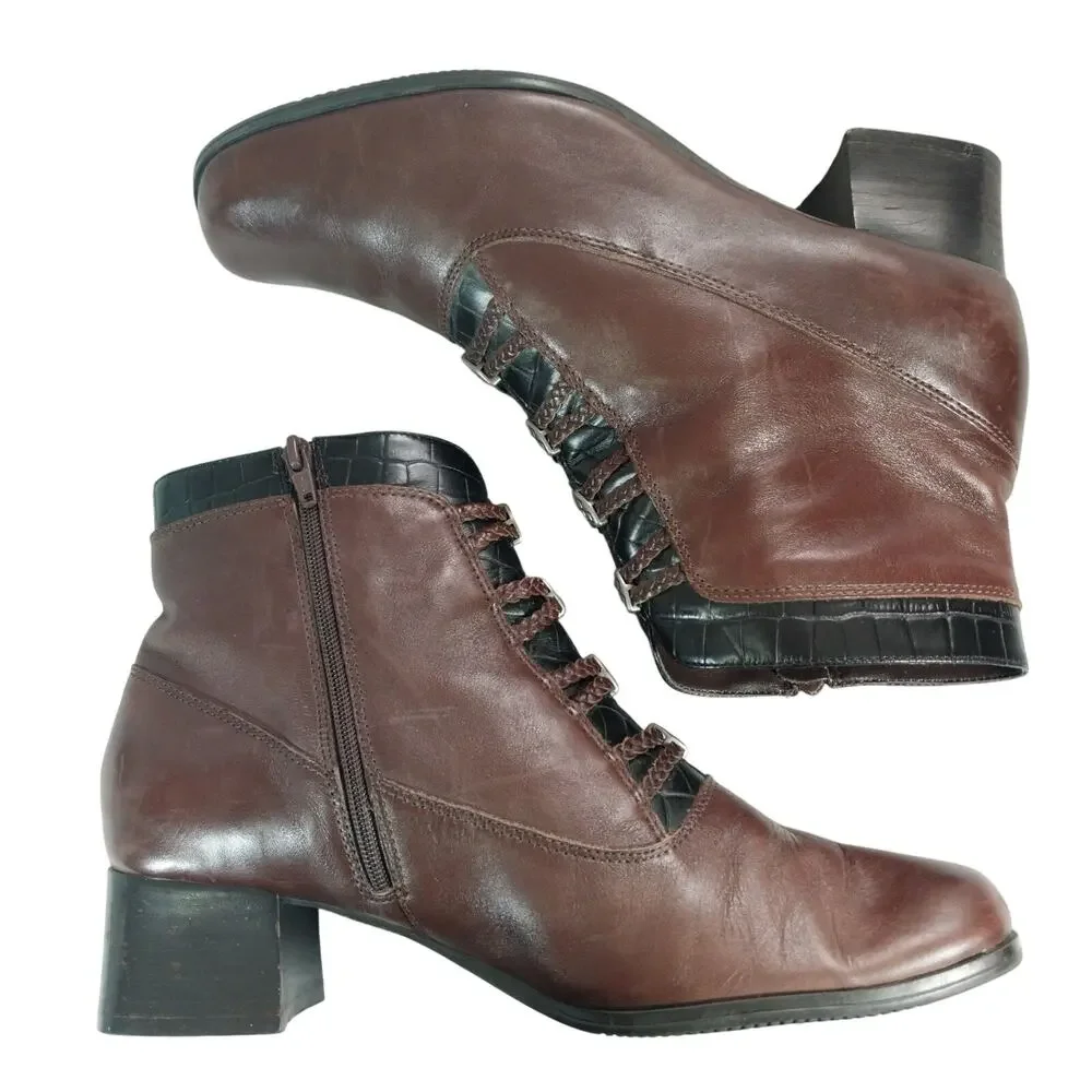 LONDON FOG! ESPRESSO BROWN GENUINE LEATHER, BLACK CROCO TRIM ANKLE BOOTS! 8.5W